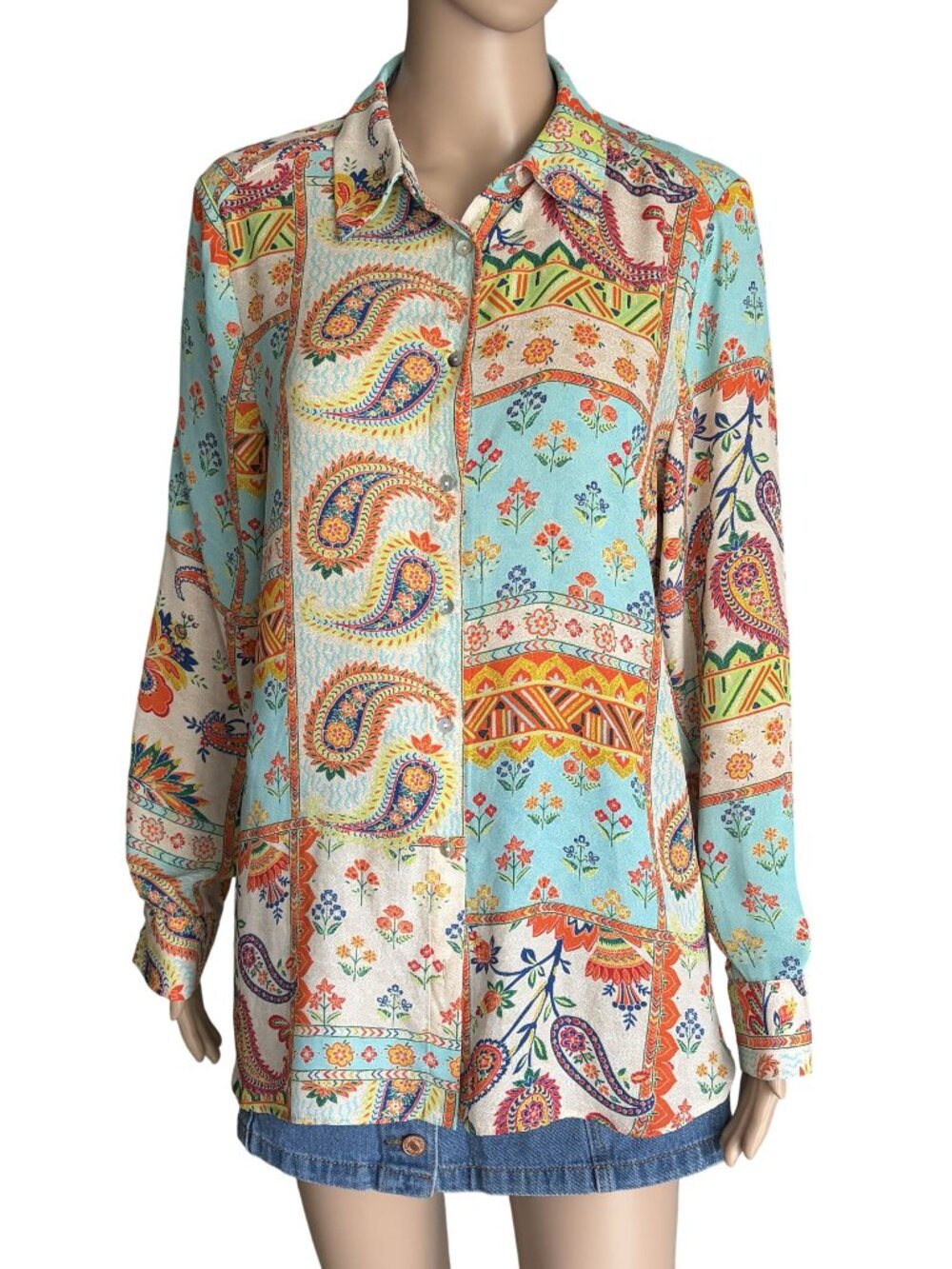 Rose + Olive Turquoise Paisley Patchwork Button-Down Blouse Size Medium